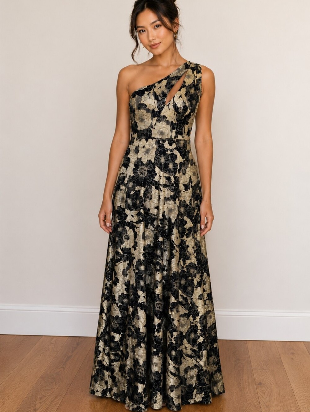 Betsy & Adam One-Shoulder Floral Black, Metallic, Wedding, Formal Dress Size 8
